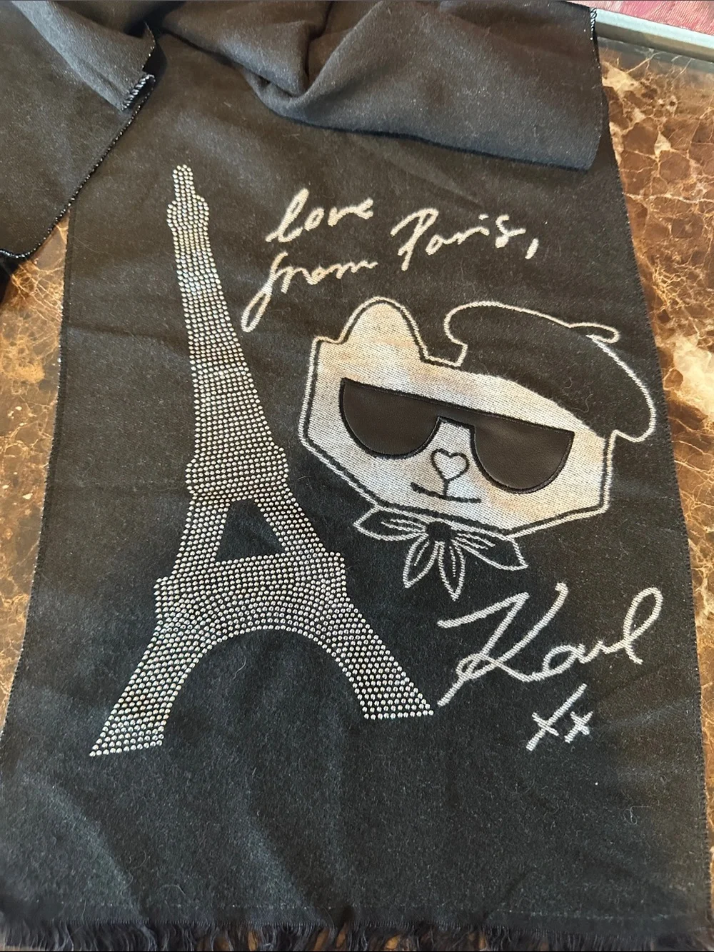 Karl Lagerfeld Black & Silver Logo Paris Scarf - Picture 2 of 6